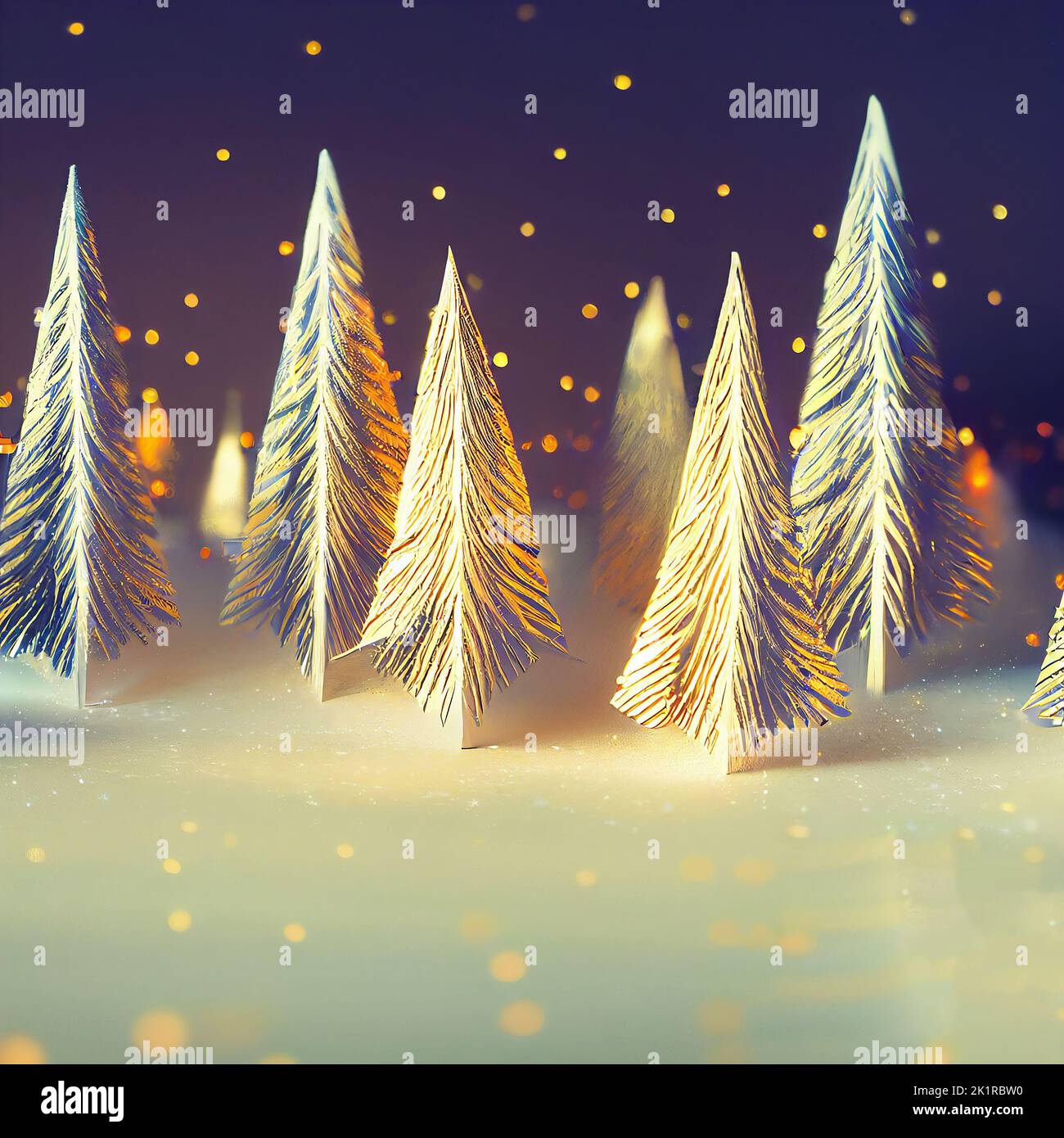 Christmas background with paper cut style fir-tree and glowing lights. AI generated computer graphics. 3D rendering. Stock Photo
