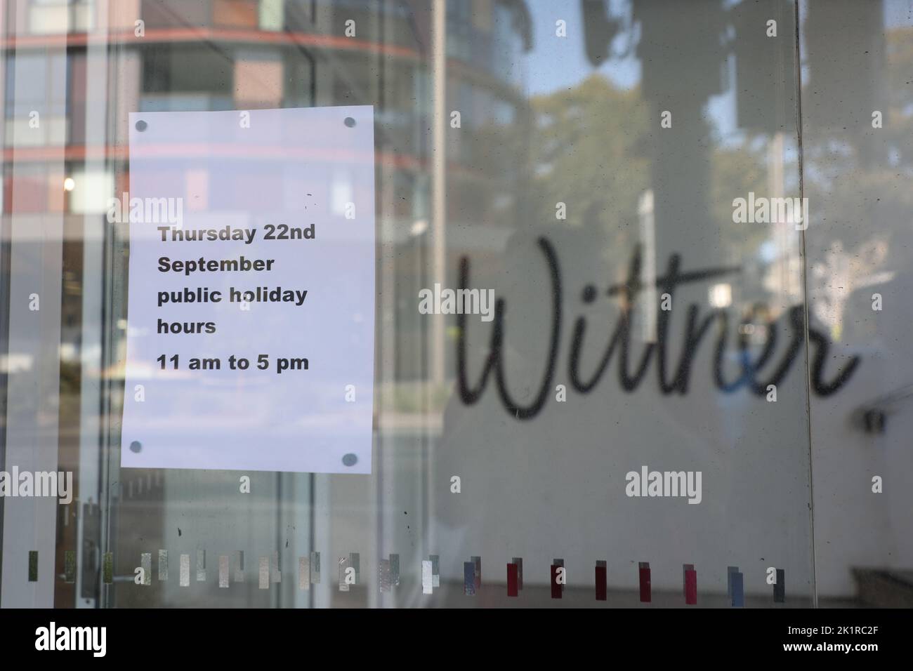 Sydney, Australia. 20th September 2022. The 22nd September will be a public holiday in Australia as an official day of mourning for the Queen. Pictured is a sign in the window of Wittner women's shoe shop in Waterloo. Credit: Richard Milnes/Alamy Live News Stock Photo