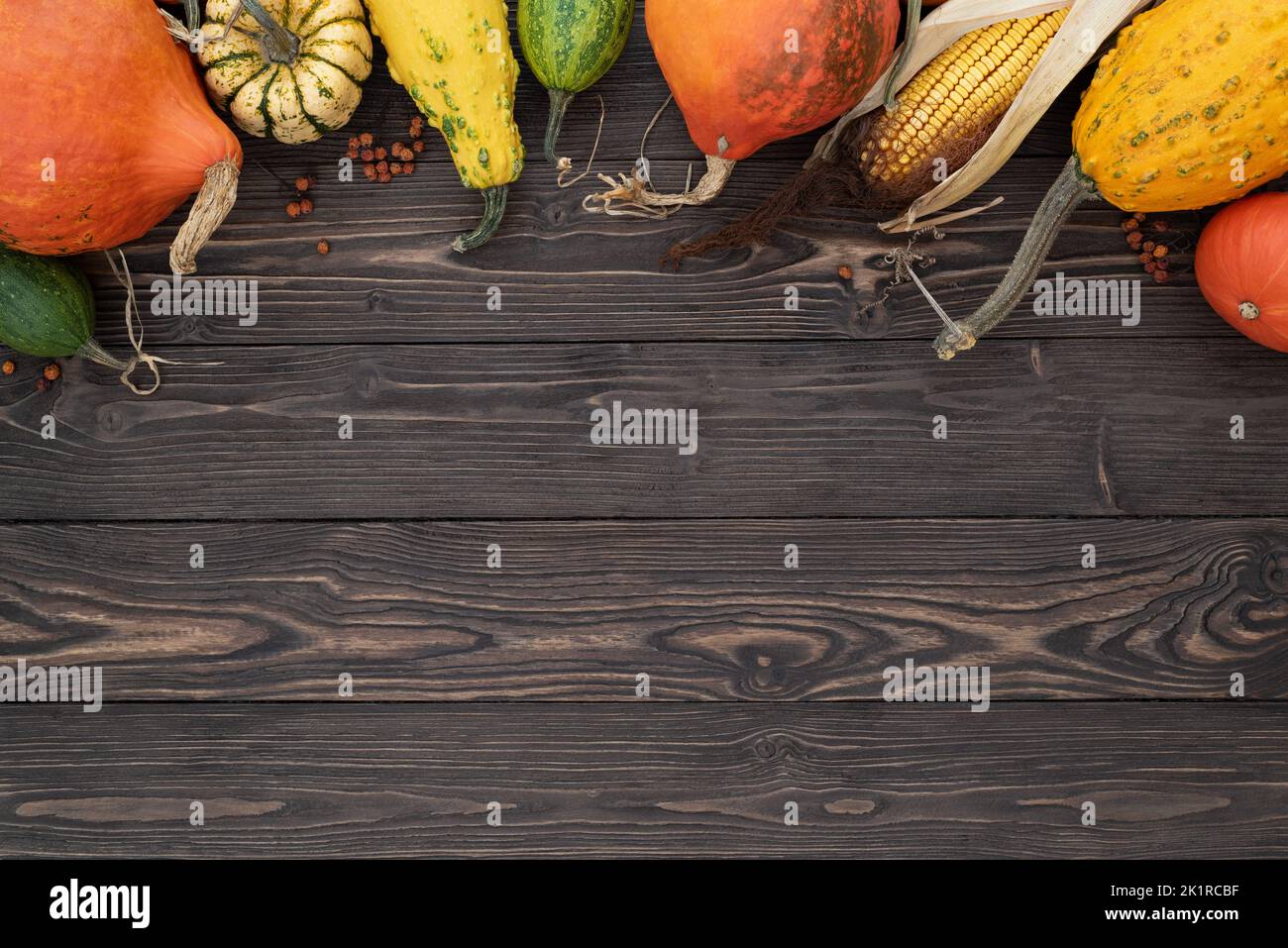 Autumn background with pumpkin border on vintage wooden background Stock Photo