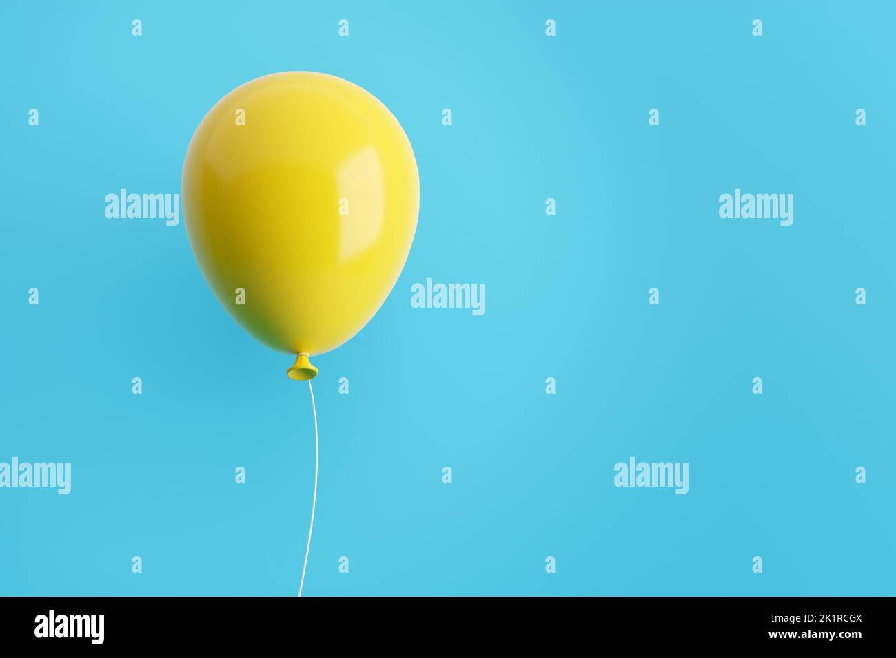 Yellow flying air helium balloon against blue background. 3D rendering. Stock Photo