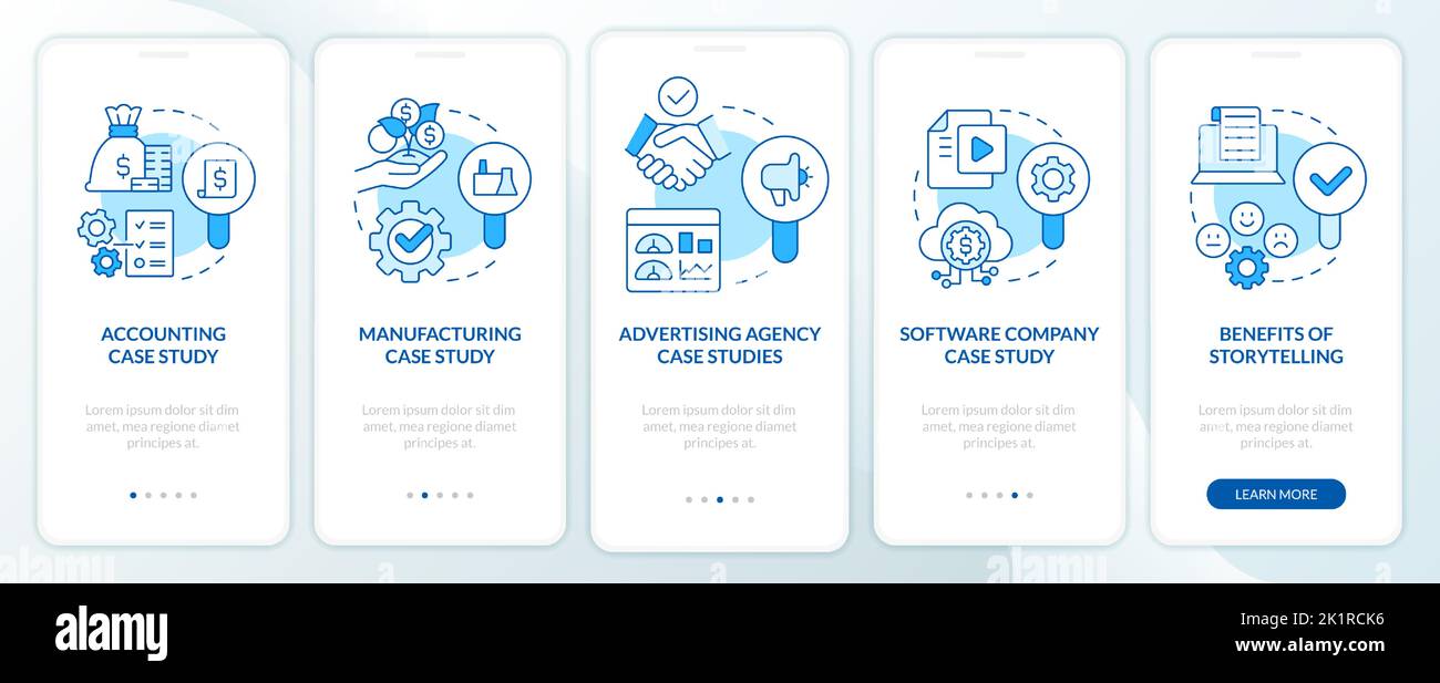 Case studies usage blue onboarding mobile app screen Stock Vector