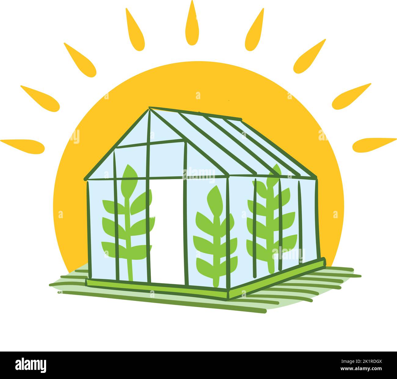 isolated vector graphic of a blue greenhouse with green plants in front of a big yellow sun Stock Vector