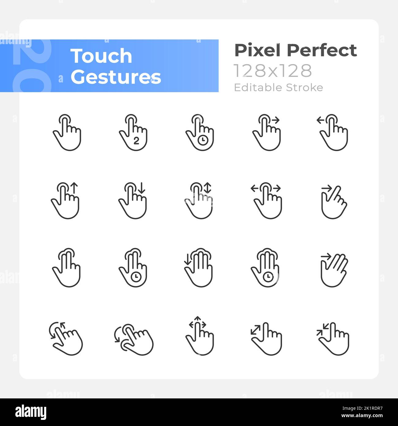 Touch gestures pixel perfect linear icons set Stock Vector