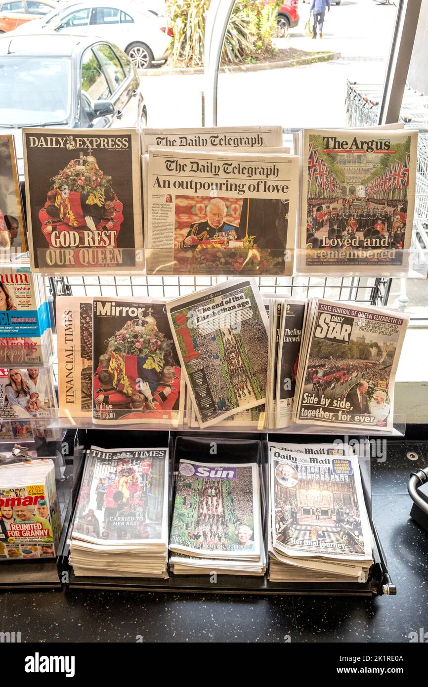 Brighton, September 20th 2022: The front pages of the UK's national newspapers the day after the Queen's funeral Credit: Andrew Hasson/Alamy Live News Stock Photo