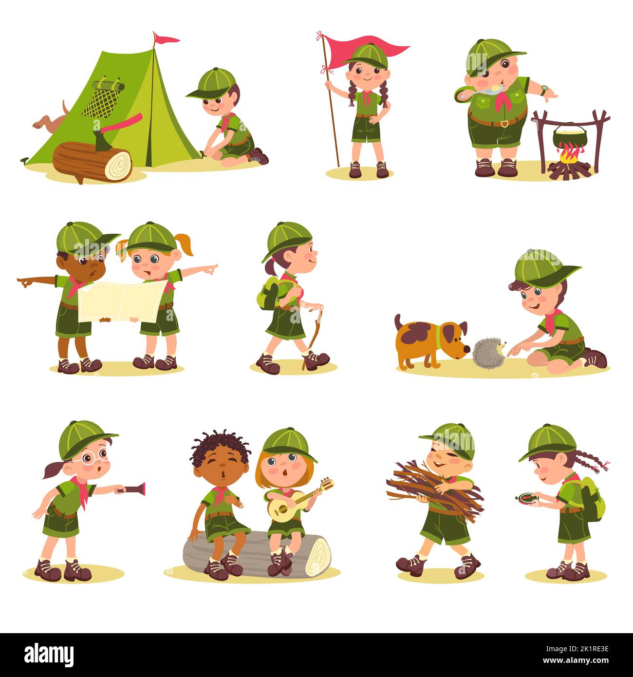 Cute kids scouts. Children in touristic clothes. Summer camping. Adventures organization. Nature explorers. Boys and girls put up tent. Teenagers Stock Vector