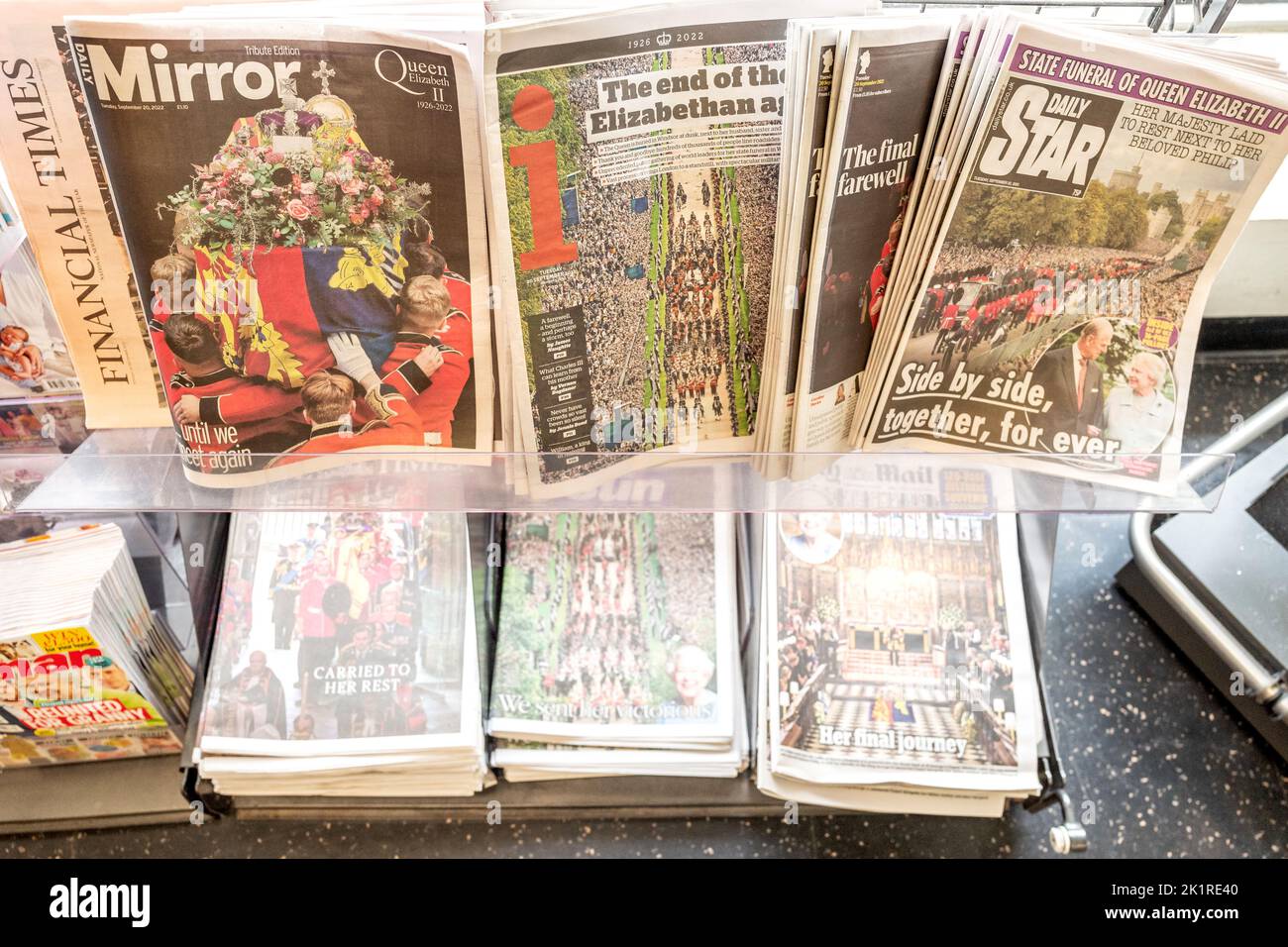 Brighton, September 20th 2022: The front pages of the UK's national newspapers the day after the Queen's funeral Credit: Andrew Hasson/Alamy Live News Stock Photo