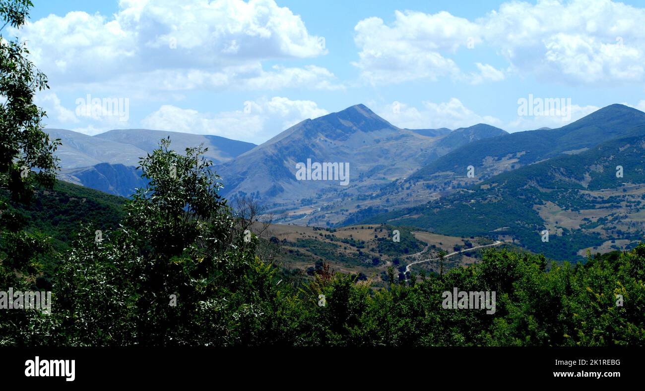 A panoramic scenery of a mountainscape Stock Photo