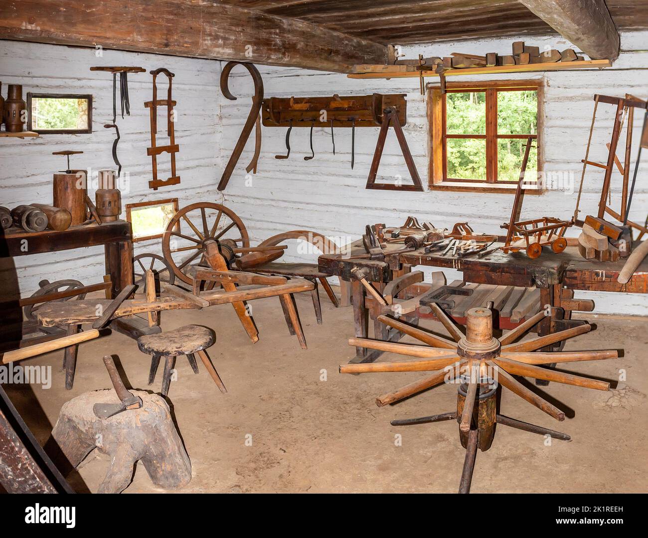 traditional historical carpentry workshop interior in a timbered cottage from the 19th century in central europe Stock Photo