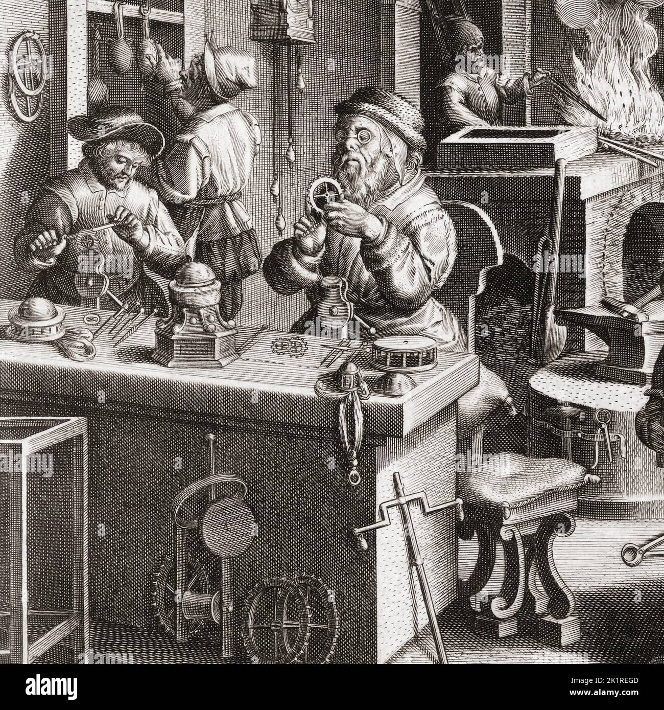 Clock makers in Holland in the late 16th century.  Detail from aan engraving by Philips Galle Stock Photo