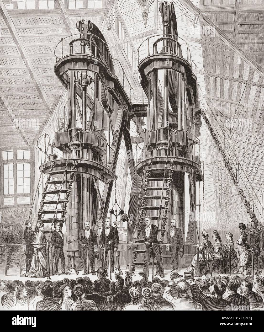 The rotative beam engine known as the Corliss Centennial Engine which supplied power to most of the exhibits at the Centennial Exposition in Philadelphia in 1876.   After an illustration in Frank Leslie's historical register of the United States Centennial exposition, 1876 Stock Photo