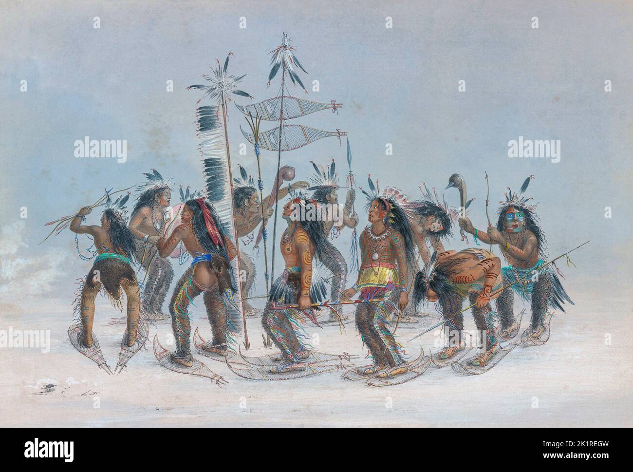 The Snow Shoe Dance. An annual dance performed after the fall of the first snow.  From Catlin's North American Indian Portfolio, published in London 1844 by the artist, American adventurer George Catlin, 1796 - 1872.  During many journeys Catlin recorded with pen and brush the customs and life-styles of Native American tribes. Stock Photo