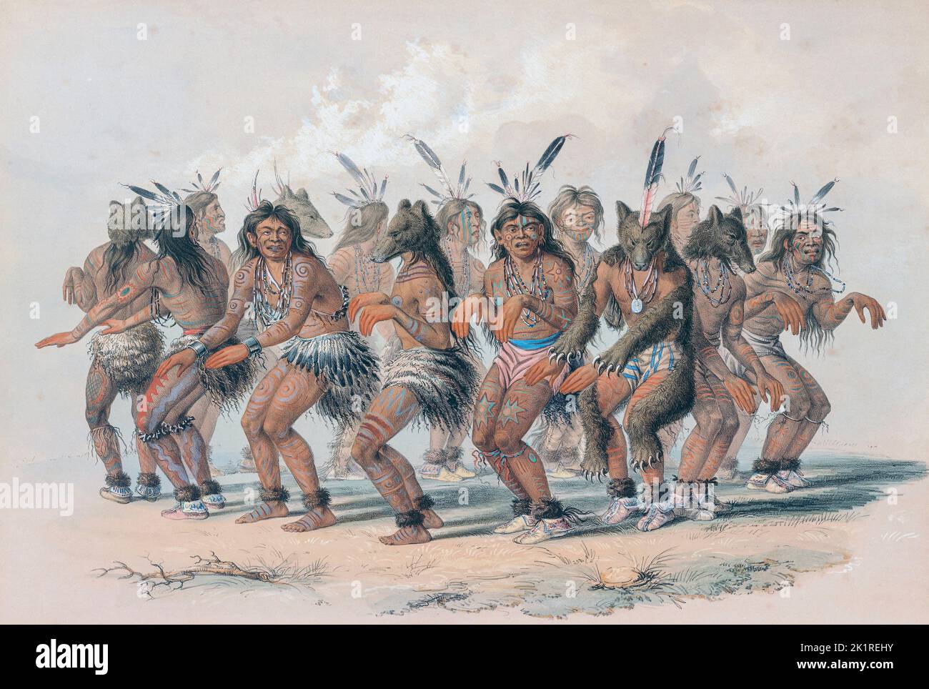 The Bear Dance.  A 10 day long ceremony performed by the Ute tribe (after whom the state of Utah is named.)  From Catlin's North American Indian Portfolio, published in London 1844 by the artist, American adventurer George Catlin, 1796 - 1872.  During many journeys Catlin recorded with pen and brush the customs and life-styles of Native American tribes. Stock Photo