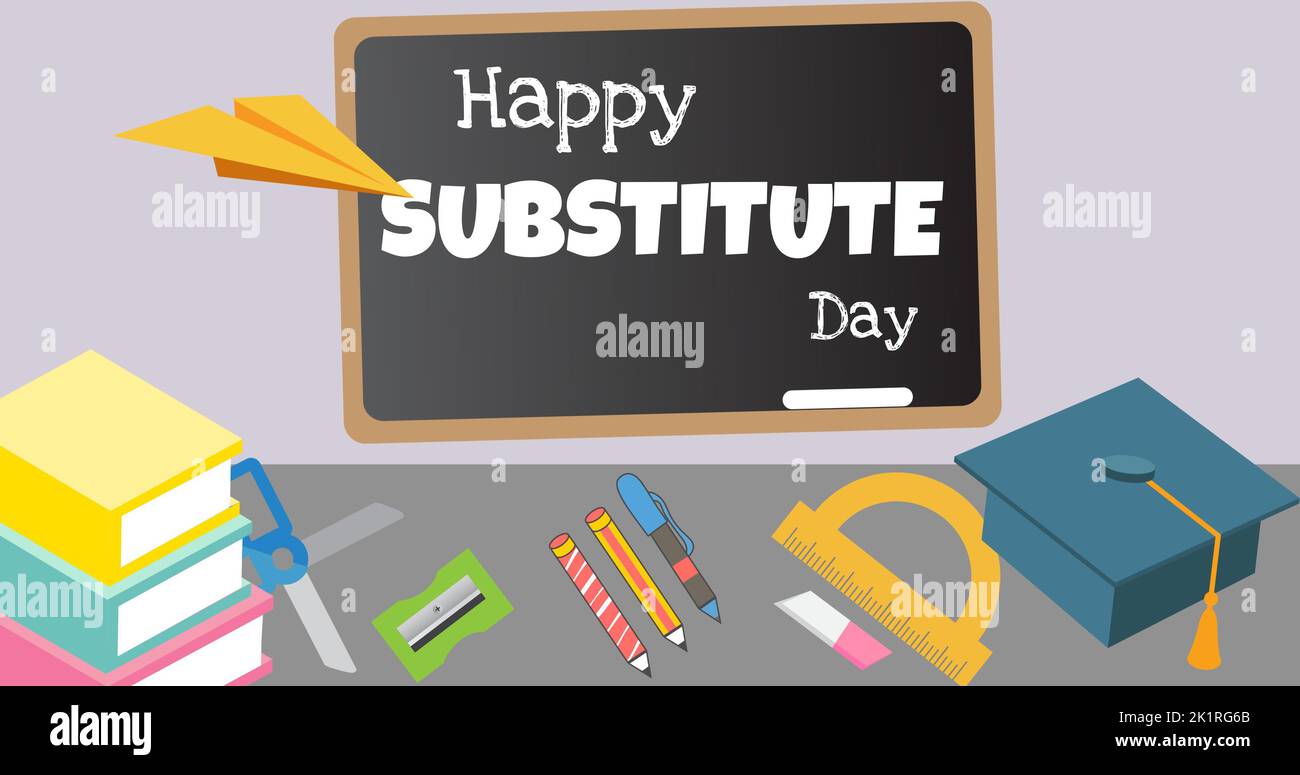 Illustration of happy substitute day text on slate with paper plane and school supplies on table Stock Photo