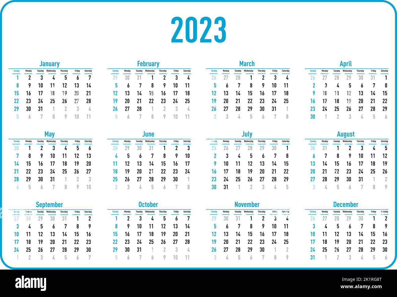2023 year calendar on white background. Vector illustration Stock Vector