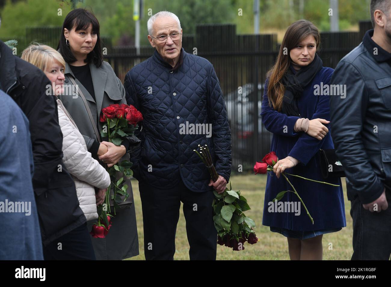 Moscow. The member of the committee on the international affairs of the Federation Council Grigory Rapota (in the center) at a ceremony of farewell to the CEO of media group of Komsomolskaya Pravda Vladimir Sungorkin on the Troyekurovskoye Cemetery. Stock Photo