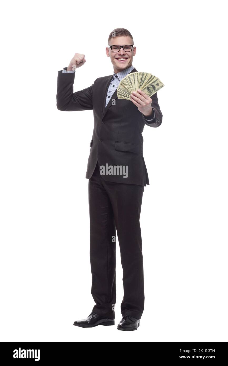 in full growth. happy young businessman with cash banknotes Stock Photo ...