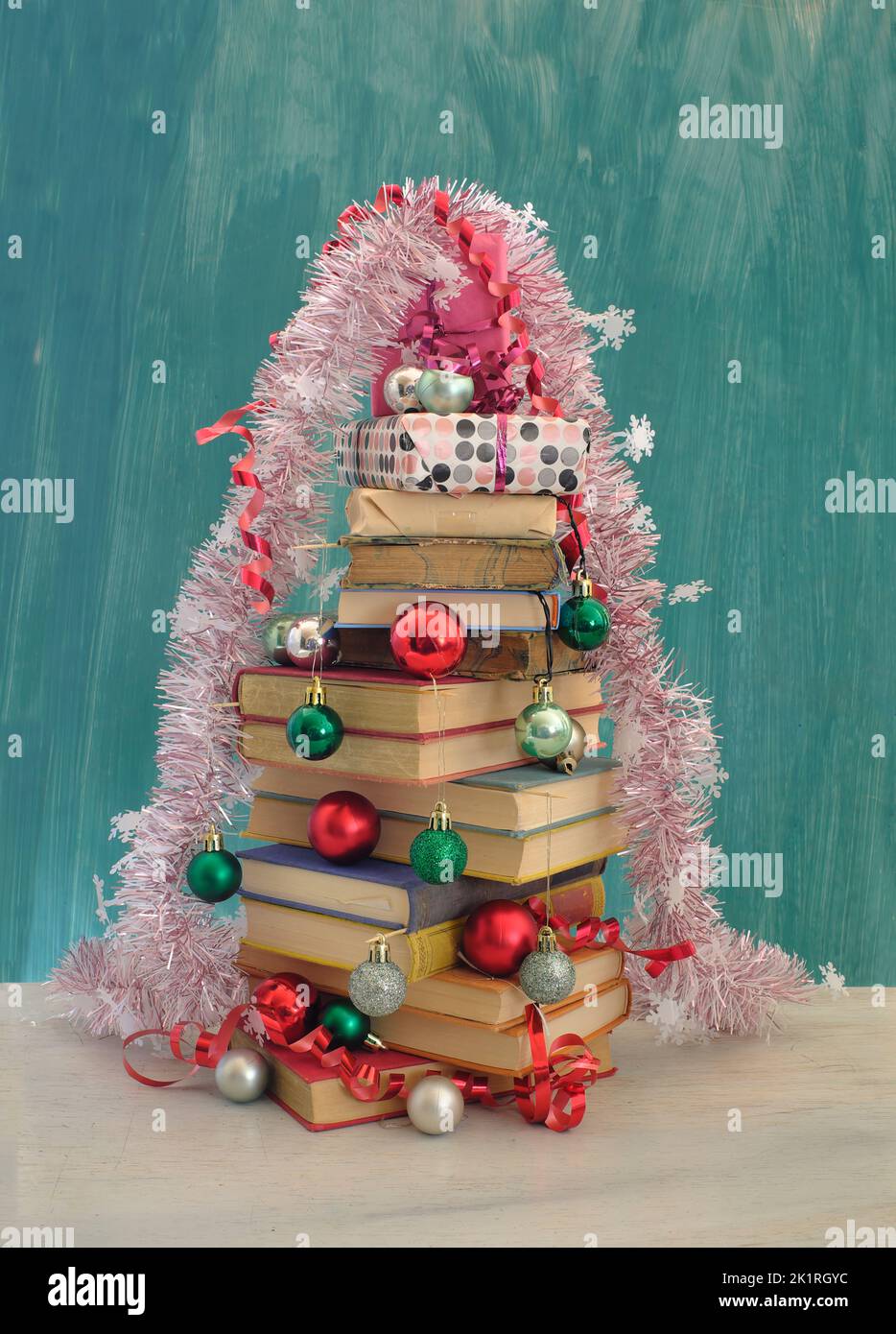 books as christmas gift,christmas present,reading,literature,education, holiday, concept.Christmas tree,decoration and christmas balls Stock Photo