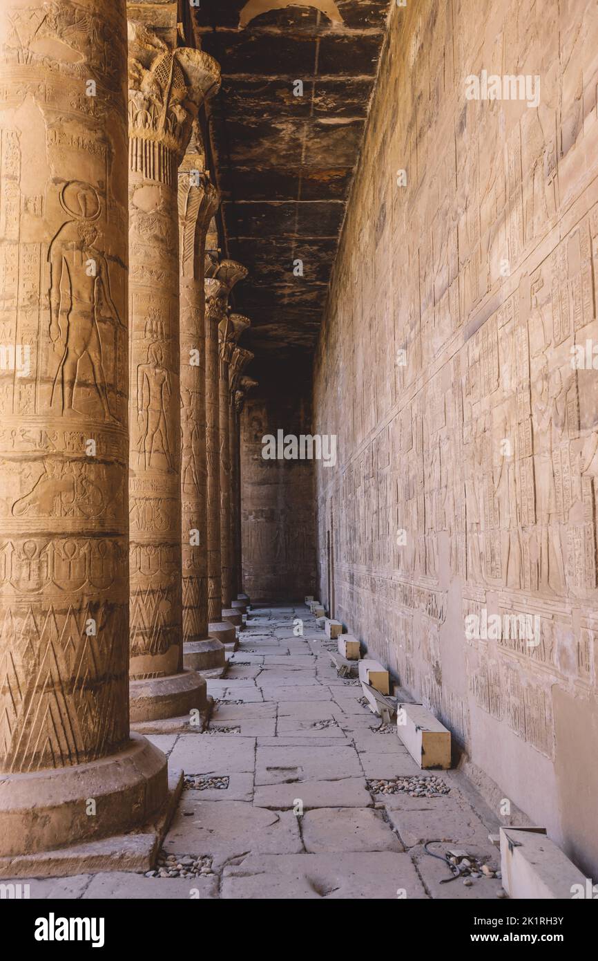 Interior View Of The Temple Of Edfu With Carved Pillars And Ancient 