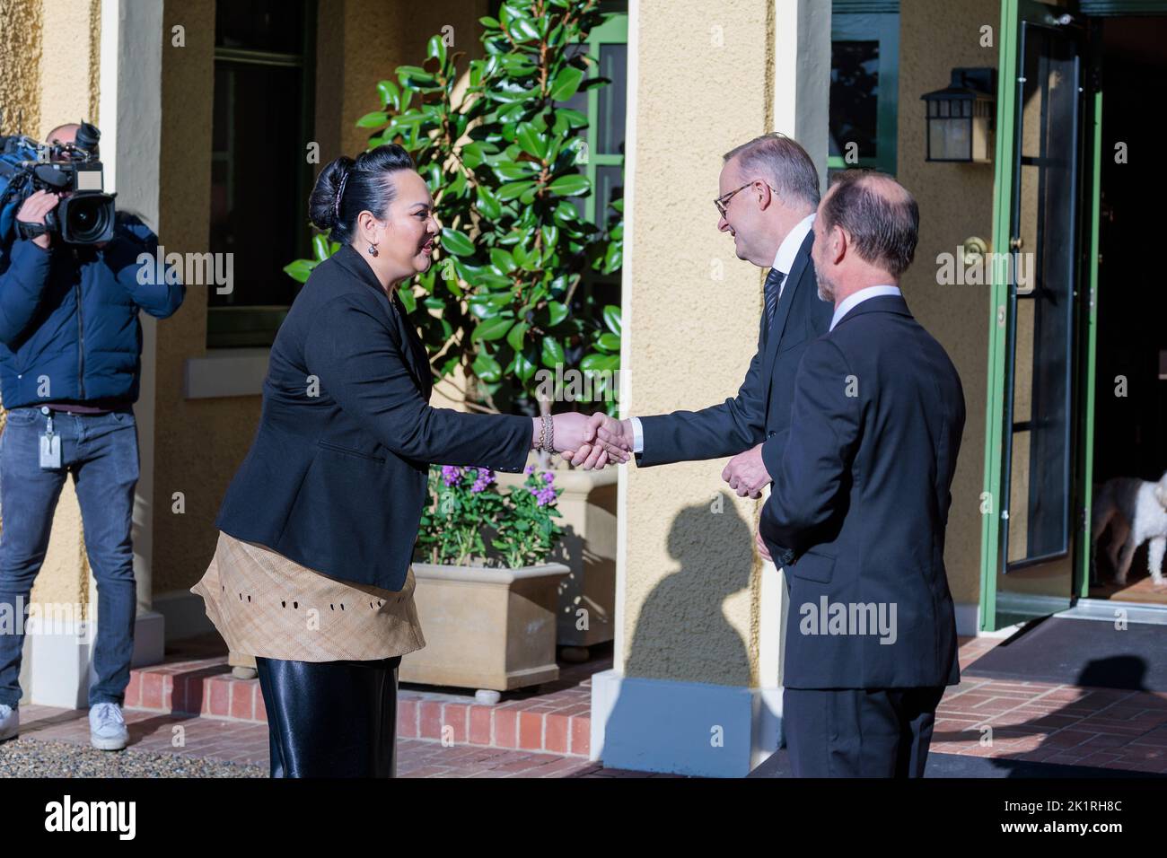 Manpreet Vohra the High Commissioner for India greeting Prime Minister Anthony Albanese during the Commonwealth Heads of Mission meeting Stock Photo