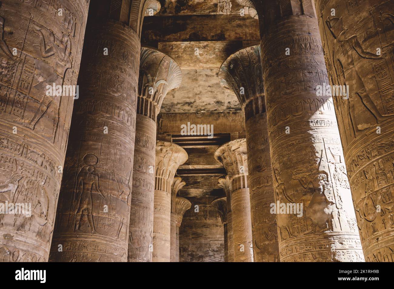 Interior View Of The Temple Of Edfu With Carved Pillars And Ancient 