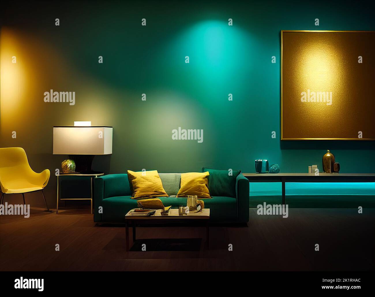 Simple and Luxury Interior in teal and golden style - Digital Generate Image Stock Photo