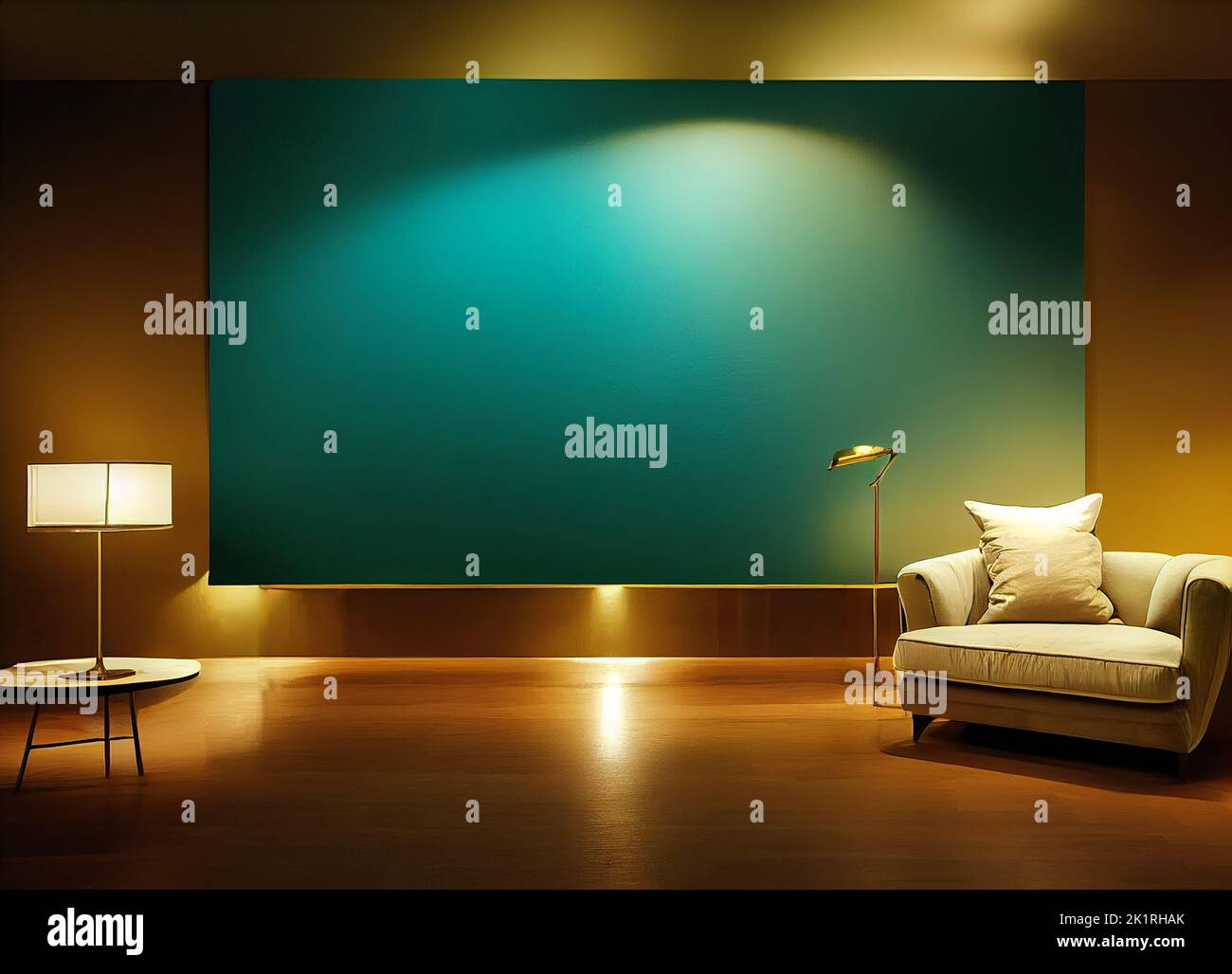 Simple and Luxury Interior in teal and golden style - Digital Generate Image Stock Photo
