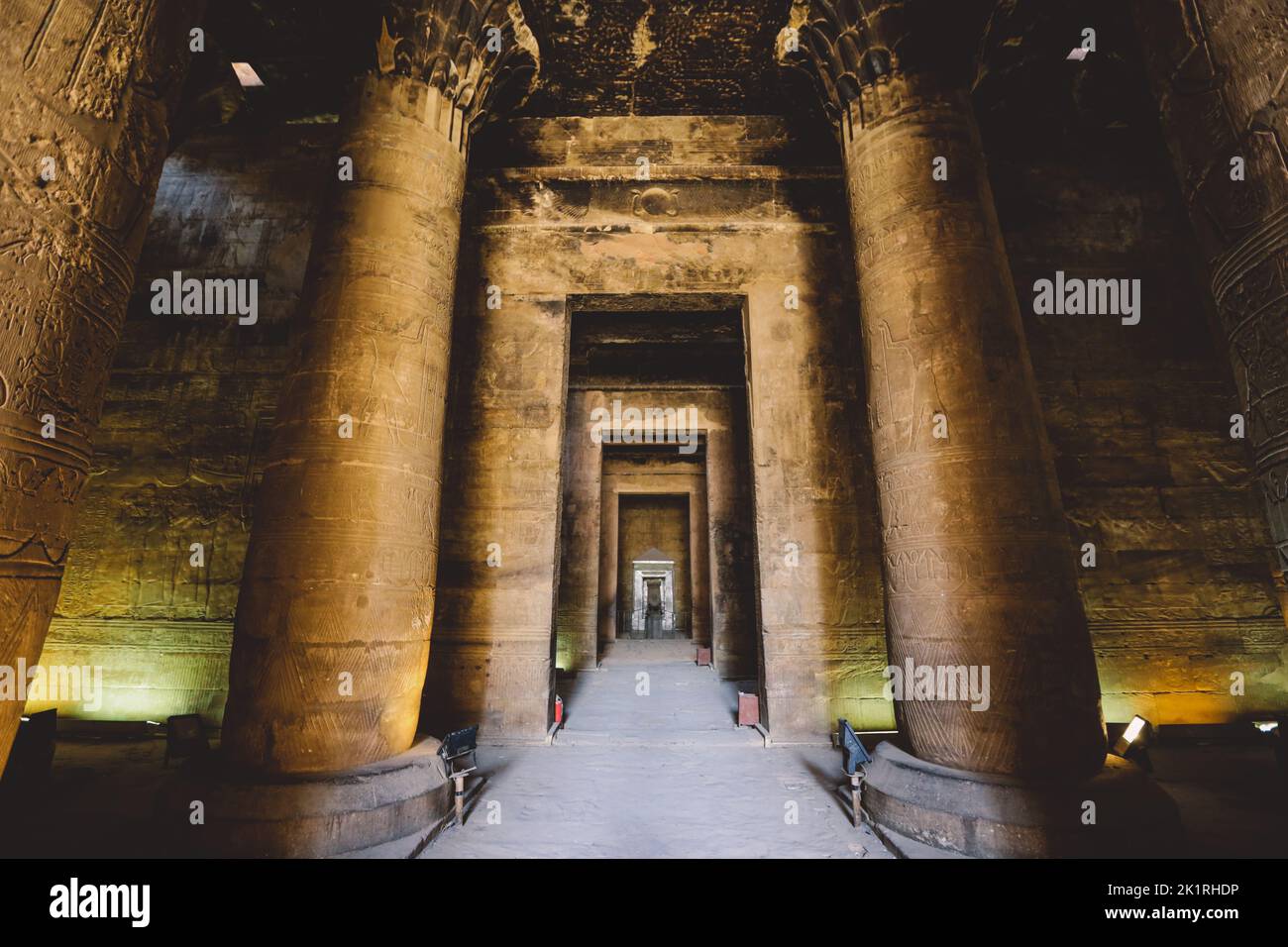 Interior View Of The Temple Of Edfu With Carved Pillars And Ancient 