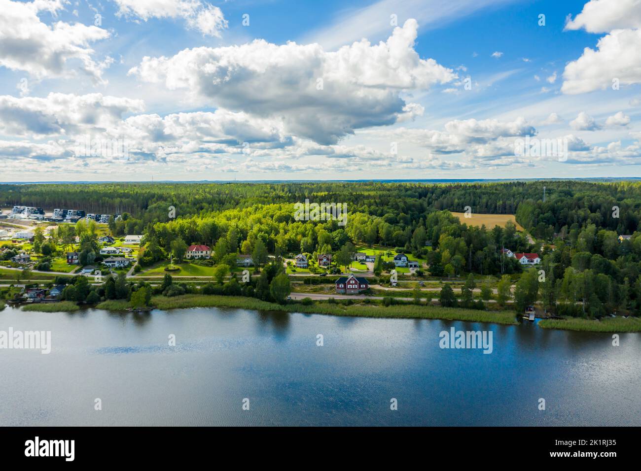An aerial view of green lake surrounded by growing lush trees Stock ...