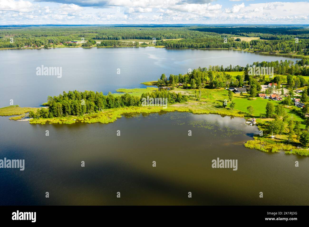An aerial view of green lake surrounded by growing lush trees Stock ...
