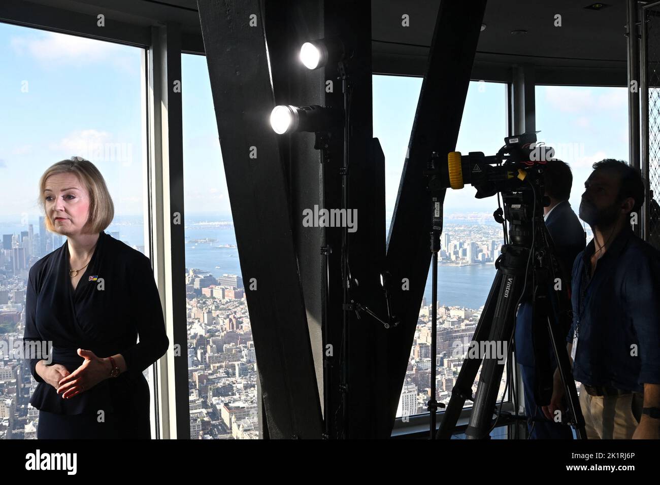 Prime Minister Liz Truss speaks to journalists at the Empire State Building in New York during her visit to the US to attend the 77th UN General Assembly. Picture date: Tuesday September 20, 2022. Stock Photo