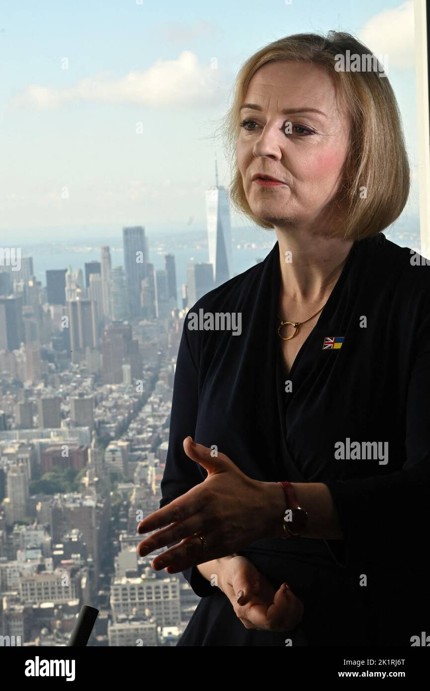 Prime Minister Liz Truss speaks to journalists at the Empire State Building in New York during her visit to the US to attend the 77th UN General Assembly. Picture date: Tuesday September 20, 2022. Stock Photo