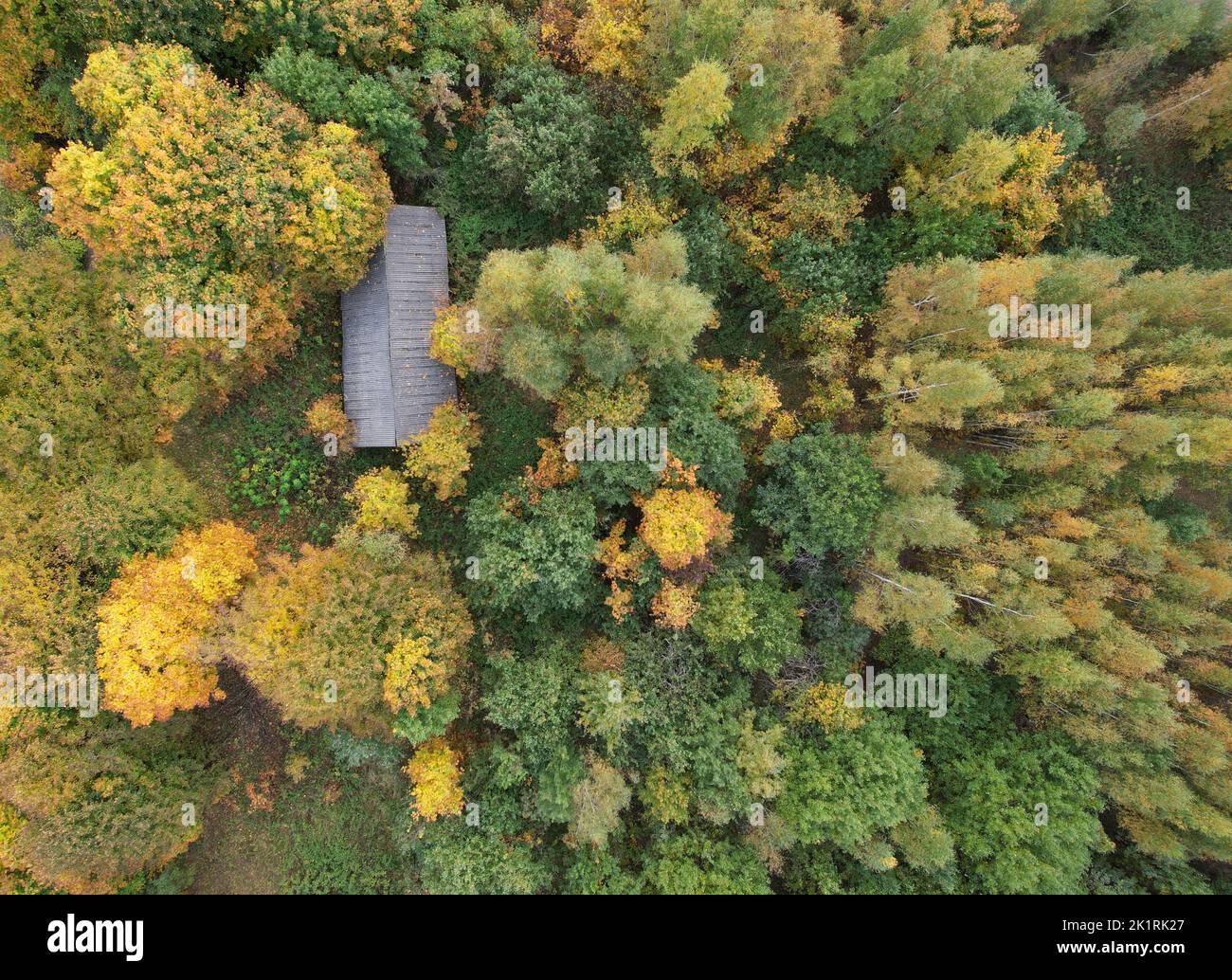 Fall season in rural area above top drone view Stock Photo