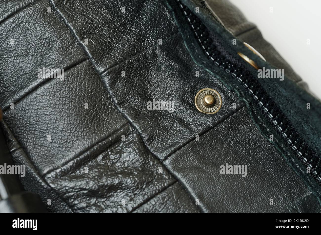 Metal knob and zipper on leather bag macro close up view Stock Photo