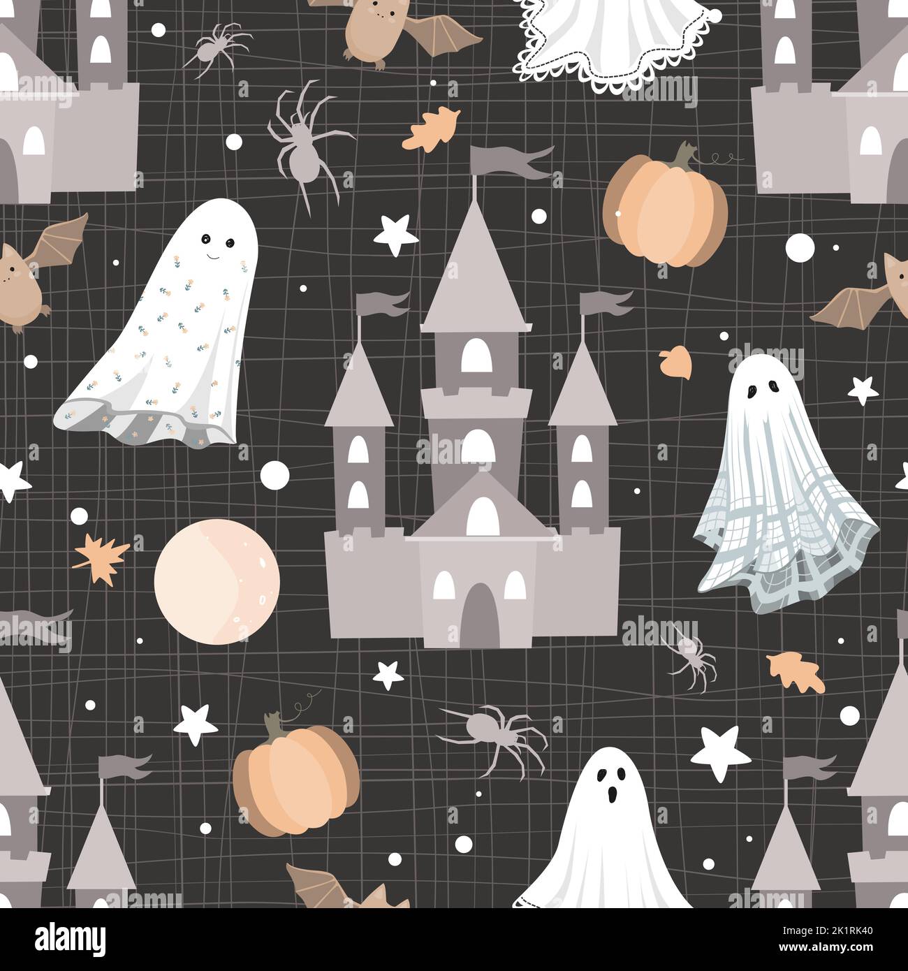 Halloween horror seamless pattern. Dark castles, pumpkin, spiders and sheets ghosts. Scary, and funny spooky background. Decor textile, wrapping paper Stock Vector