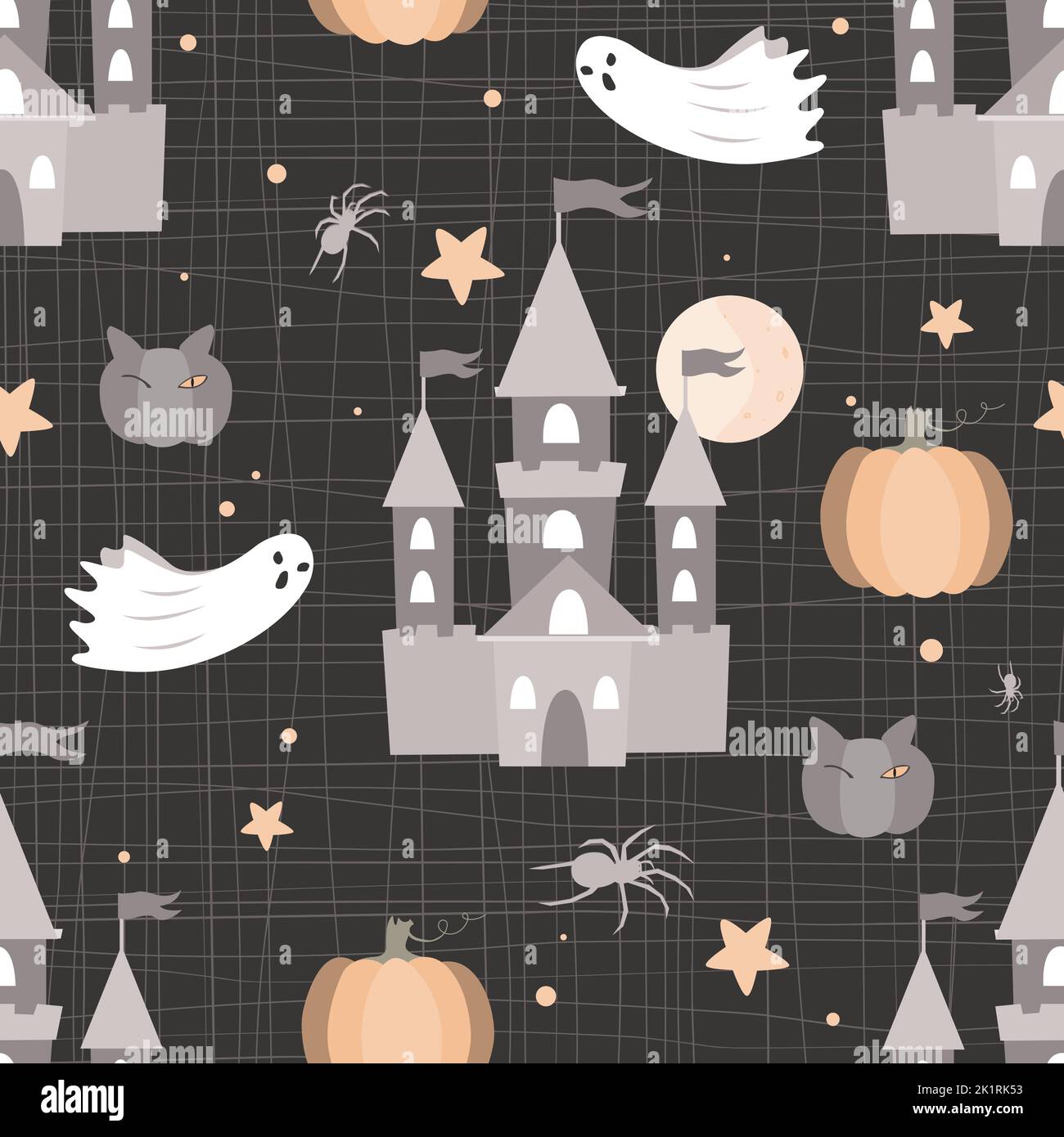 Halloween pattern. Horror background. Darc castles, pumpkin, spiders and ghosts. Scary, spooky background. Decor textile, wrapping paper. Vector Stock Vector