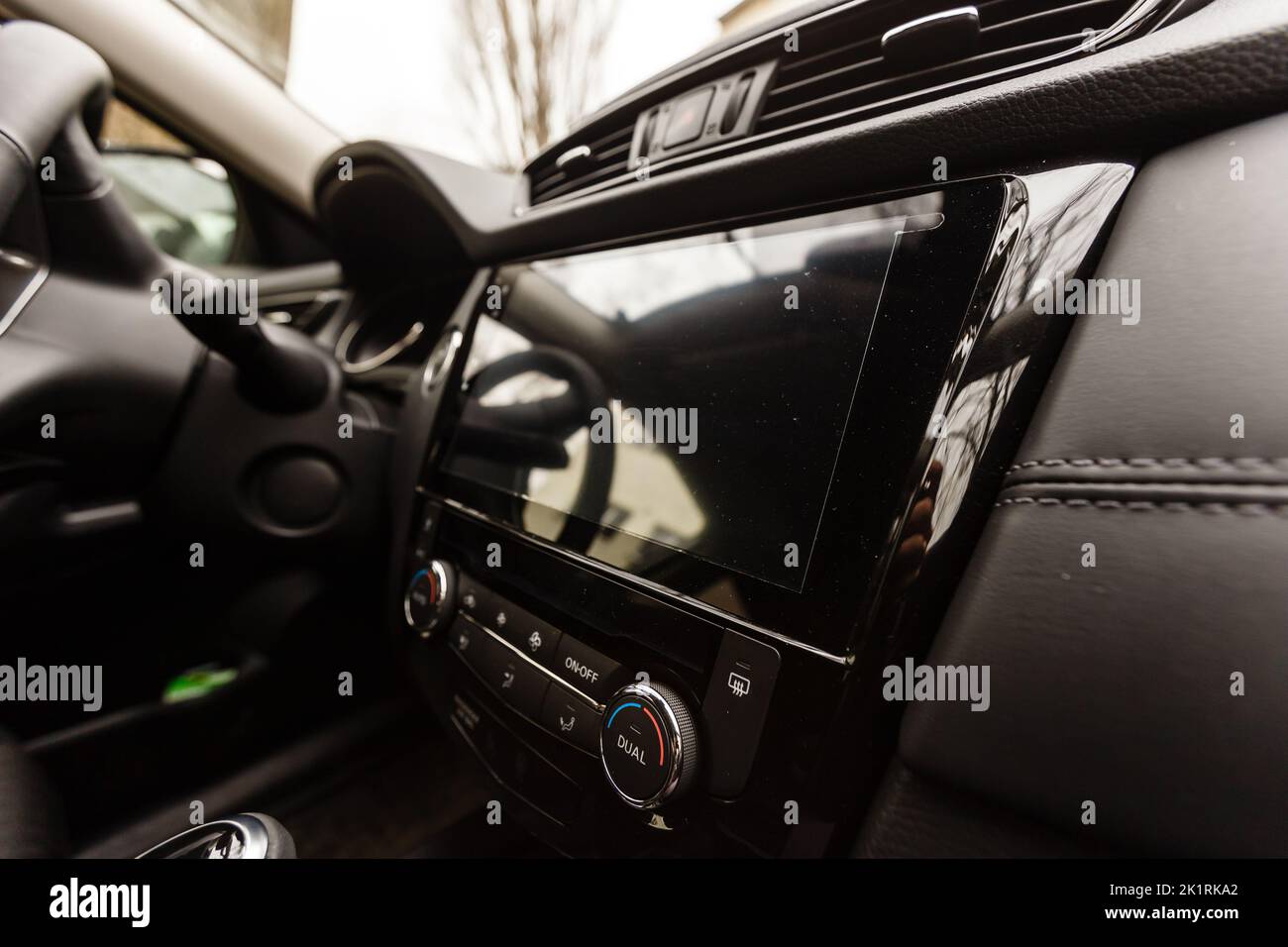 Car interior view with steering wheel and accessories Stock Photo Alamy