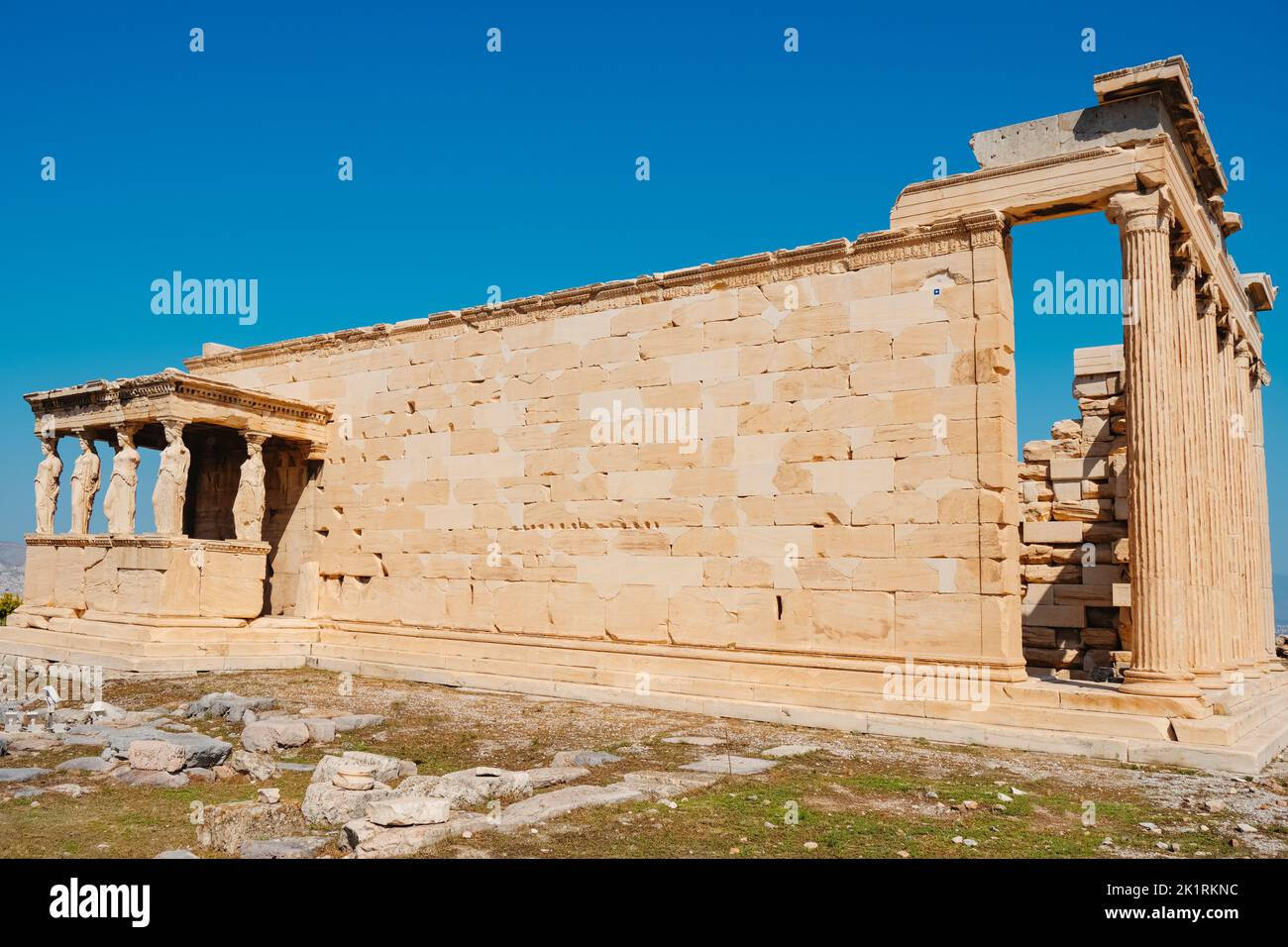 the Erechtheion or Temple of Athena Polias, in the Acropolis of Athens, Greece, and its famous Porch of the Maidens Stock Photo