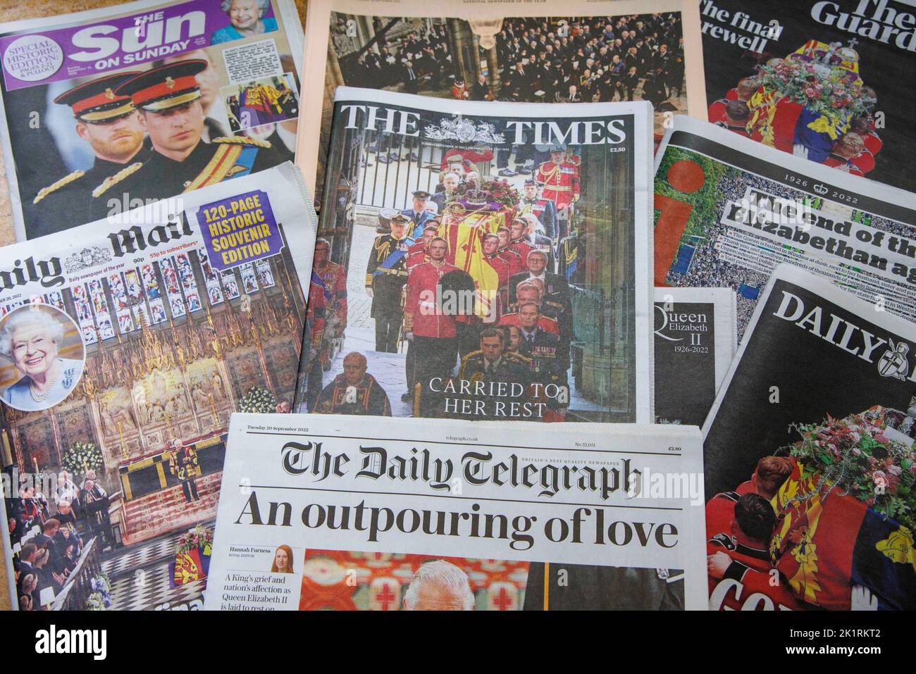 London, UK. 20th Sep, 2022. Front pages of the newspapers in Britain on 20th September following the death and the funeral of Her Majesty Queen Elizabeth II. The coffin of Queen Elizabeth was taken from Westminster Abbey after the service to Wellington Arch where it was transferred to a hearse. It then travelled to Windsor to a service in St George's Chapel. She was laid to rest next to her husband Prince Philip. Credit: Karl Black/Alamy Live News Stock Photo