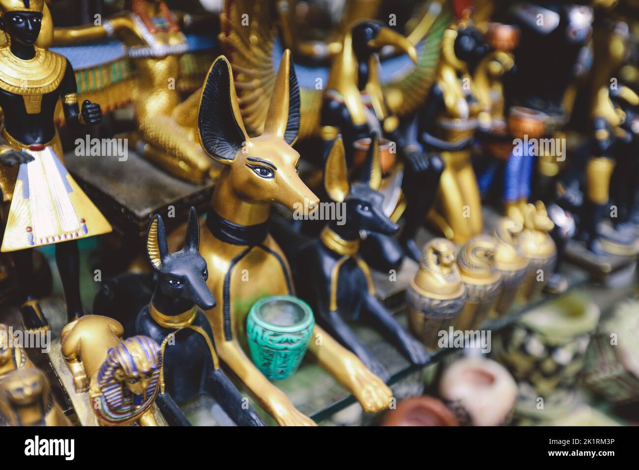 Cairo, Egypt  - November 15, 2020: Touristic Souvenirs on the Khan el-Khalili, famous bazaar and souq (or souk) in the historic center of Cairo, Egypt Stock Photo