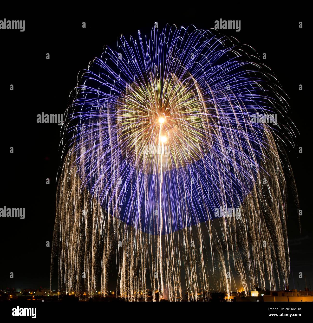Multicoloured fireworks isolated in dark background close up with the place for text, Malta fireworks festival, 4 of July, Independence day, New Year, Stock Photo