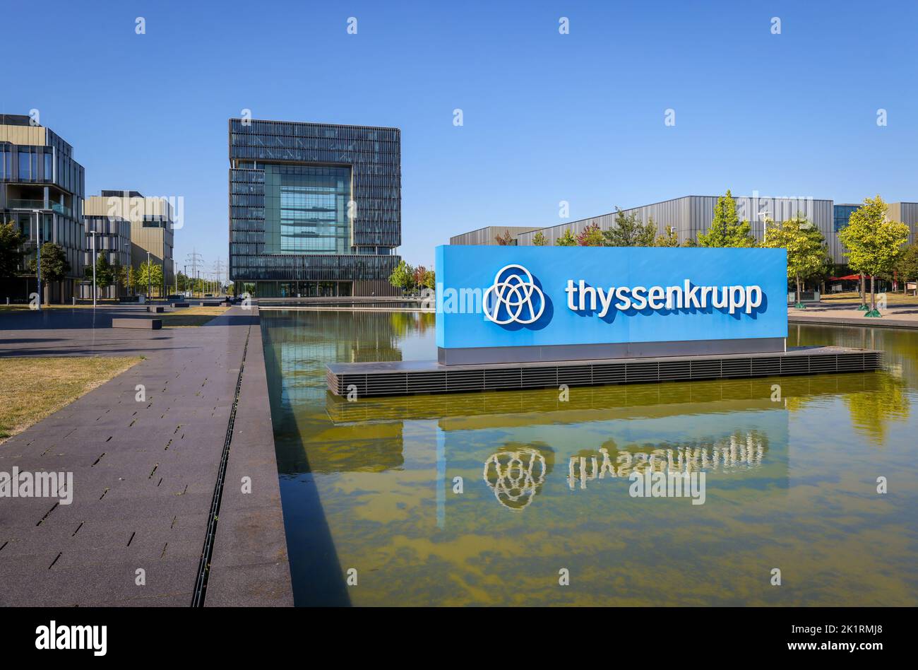 Essen, North Rhine-Westphalia, Germany - ThyssenKrupp, company logo in front of the headquarters. Industrial group focusing on steel processing and Ge Stock Photo