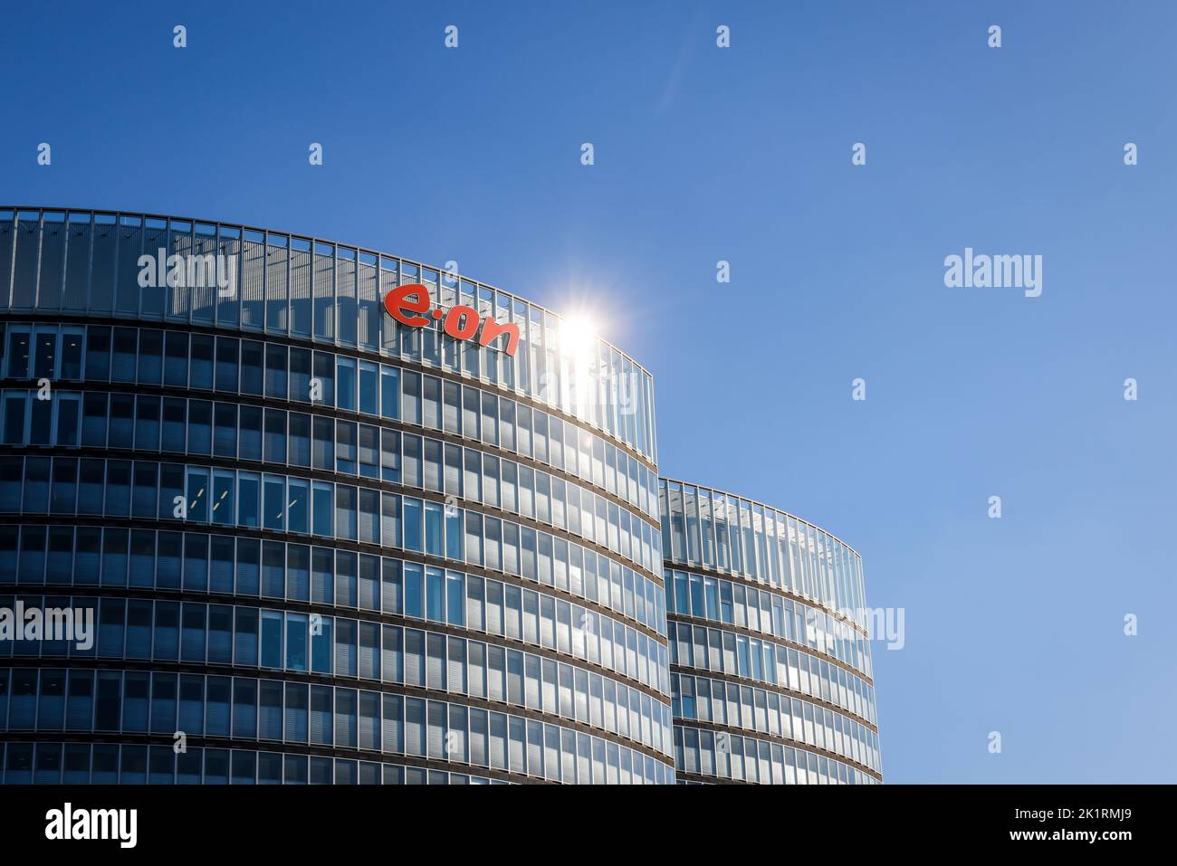 Essen, North Rhine-Westphalia, Germany - E.ON headquarters. Company logo on the facade of the headquarters. Stock Photo