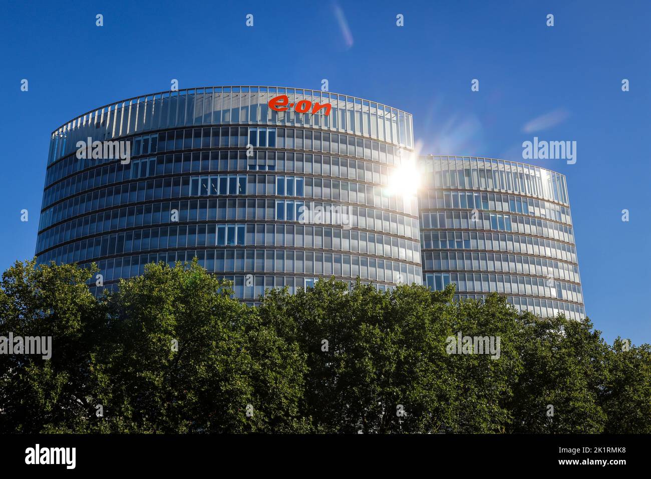 Essen, North Rhine-Westphalia, Germany - E.ON headquarters. Company logo on the facade of the headquarters. Stock Photo