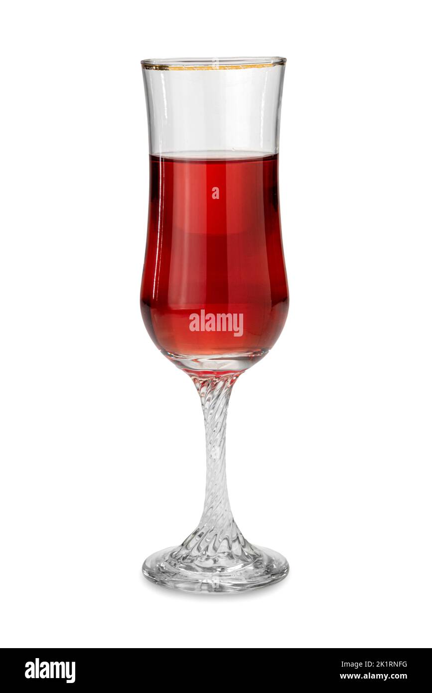 Flute or goblet trumpet glass with rose wine isolated on white, clipping path, vintage glass Stock Photo
