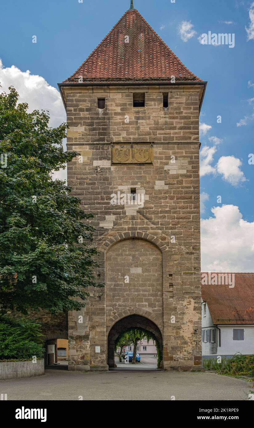 Gate tower (Rinderbacher Torturm) fortification of the old city wall, Schwäbisch Gmünd, Baden Württemberg, Germany Stock Photo