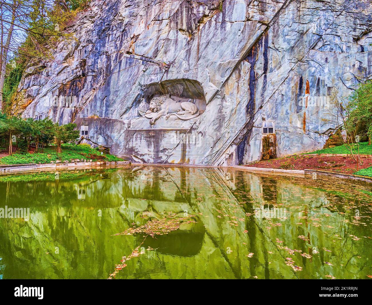 Lion of Lucerne is the most famous monument, made in memory of fallen Swiss Guards in French Revolution, Lucerne, Switzerland Stock Photo