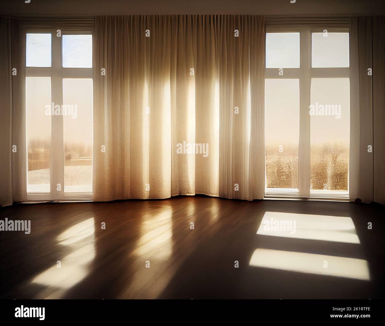 The large window and curtain with sunlight, Digital Generate Image Stock Photo