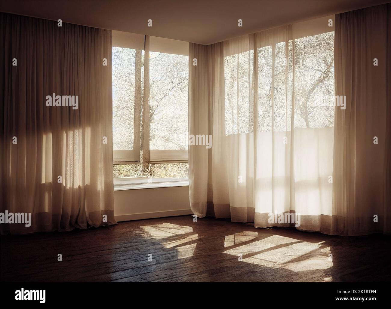 The large window and curtain with sunlight, Digital Generate Image Stock Photo