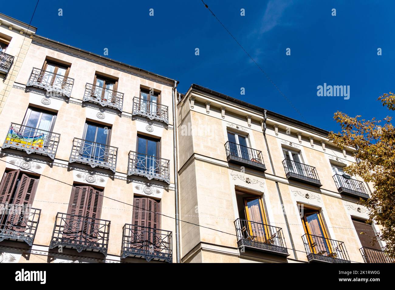 Low angle view of old residential building in the city against sky. University Quarter in central Madrid Stock Photo
