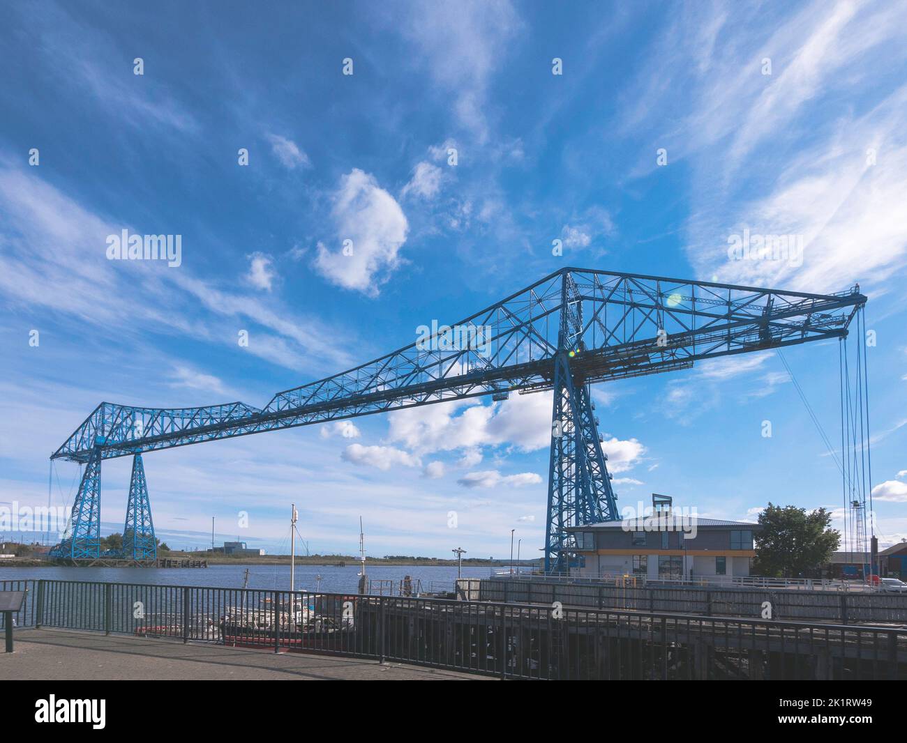 Middlesbrough Transporter bridge from mid dlesbrough on the south bank of the River Tees with the harbourmasters office Stock Photo